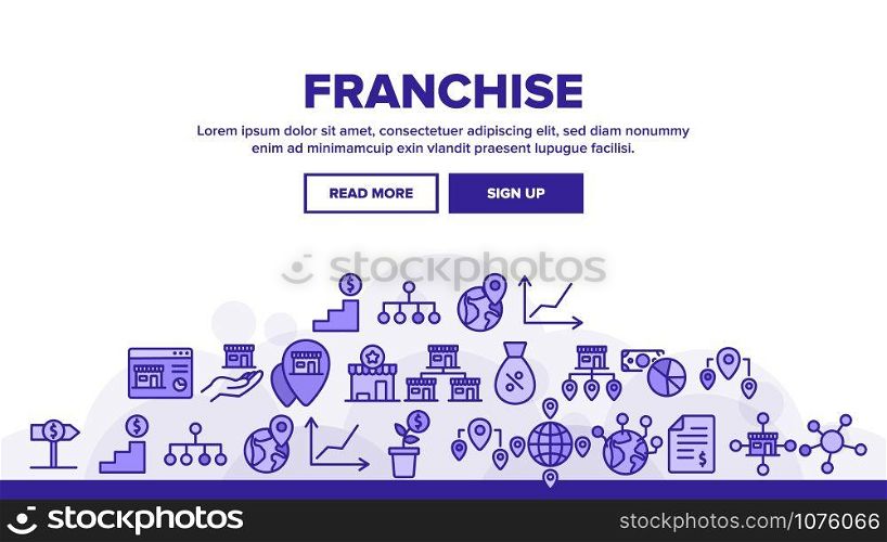 Franchise Landing Web Page Header Banner Template Vector. Home Office And Corporate Headquarters, Globe With Gps Mark And Web Site Franchise Illustration. Franchise Landing Header Vector