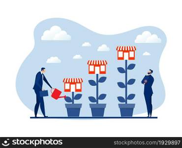 Franchise shop,business with growth tree.Real estate business promotional SME Flat vector illustration.