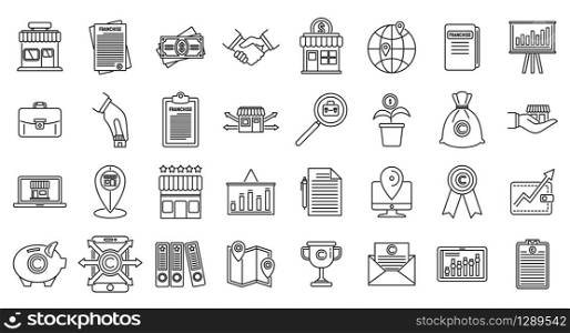 Franchise store icons set. Outline set of franchise store vector icons for web design isolated on white background. Franchise store icons set, outline style
