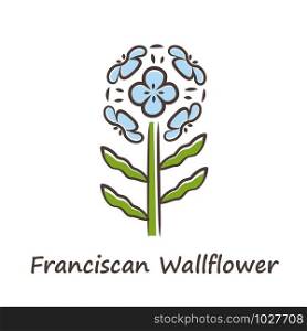 Franciscan wallflower blue color icon. Garden flowering plant with name inscription. Erysimum franciscanum inflorescence. Blooming wildflower, weed. Spring blossom. Isolated vector illustration