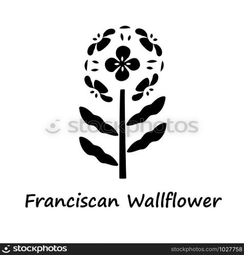 Franciscan wallflower glyph icon. Garden flowering plant with name inscription. Erysimum franciscanum. Blooming wildflower, weed. Silhouette symbol. Negative space. Vector isolated illustration
