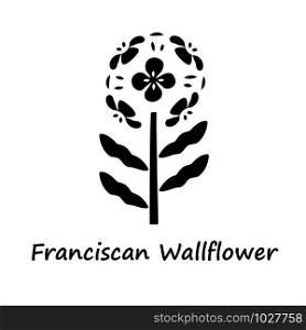 Franciscan wallflower glyph icon. Garden flowering plant with name inscription. Erysimum franciscanum. Blooming wildflower, weed. Silhouette symbol. Negative space. Vector isolated illustration