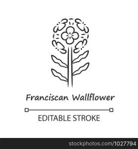 Franciscan wallflower linear icon. Garden flowering plant with name inscription. Erysimum franciscanum inflorescence. Thin line illustration. Contour symbol. Vector isolated drawing. Editable stroke