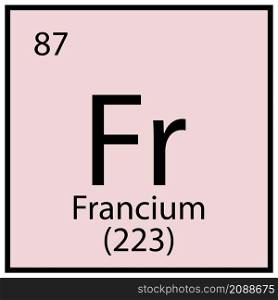 Francium icon. Chemical sign. Mendeleev table. Square frame. Light pink background. Vector illustration. Stock image. EPS 10.. Francium icon. Chemical sign. Mendeleev table. Square frame. Light pink background. Vector illustration. Stock image.