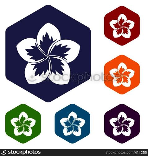 Frangipani flower icons set rhombus in different colors isolated on white background. Frangipani flower icons set