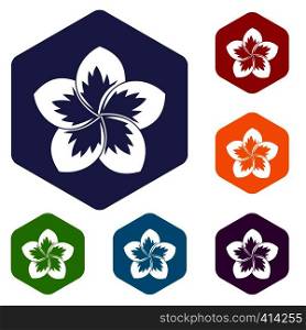 Frangipani flower icons set rhombus in different colors isolated on white background. Frangipani flower icons set
