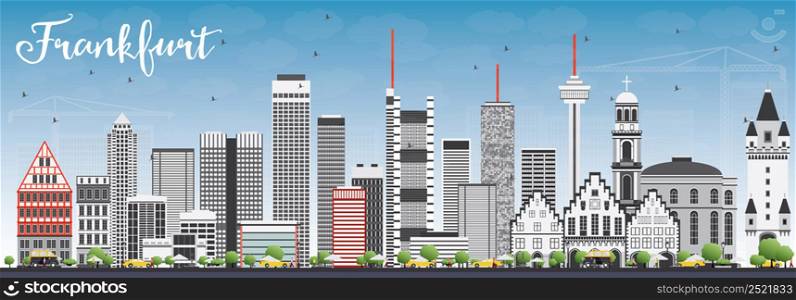 Frankfurt Skyline with Gray Buildings and Blue Sky. Vector Illustration. Business Travel and Tourism Concept with Modern Buildings. Image for Presentation Banner Placard and Web Site.