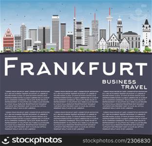 Frankfurt Skyline with Gray Buildings, Blue Sky and Copy Space. Vector Illustration. Business Travel and Tourism Concept with Modern Buildings. Image for Presentation Banner Placard and Web Site.
