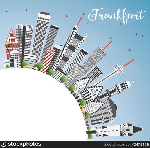 Frankfurt Skyline with Gray Buildings, Blue Sky and Copy Space. Vector Illustration. Business Travel and Tourism Concept with Modern Architecture. Image for Presentation Banner Placard and Web Site.