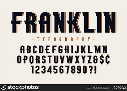 Franklin trendy vintage display font design, alphabet, typeface, letters and numbers, typography. Vector illustration, decorative typeset. EPS10. Franklin trendy vintage display font design, alphabet