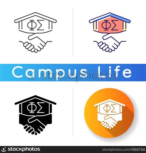 Fraternity icon. Fraternal organization in university. Men club, association. College fraternities. Student activities. Linear black and RGB color styles. Isolated vector illustrations. Fraternity icon