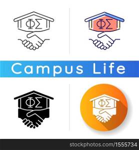 Fraternity icon. Fraternal organization in university. Men club, association. College fraternities. Student activities. Linear black and RGB color styles. Isolated vector illustrations. Fraternity icon