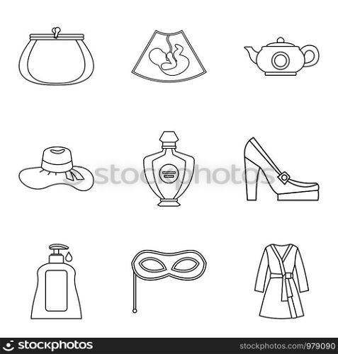 Frau icons set. Outline set of 9 frau vector icons for web isolated on white background. Frau icons set, outline style