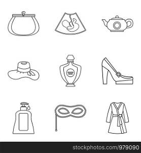 Frau icons set. Outline set of 9 frau vector icons for web isolated on white background. Frau icons set, outline style