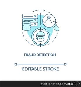 Fraud detection turquoise concept icon. AI and data science solution for business abstract idea thin line illustration. Isolated outline drawing. Editable stroke. Arial, Myriad Pro-Bold fonts used. Fraud detection turquoise concept icon