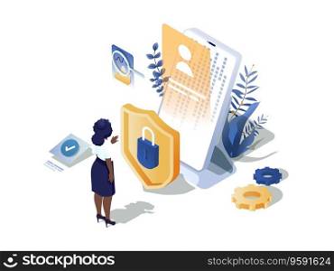 Fraud protection concept 3d isometric web scene. People protecting from hacker and internet data phishing attack, using cyber security technology. Vector illustration in isometry graphic design