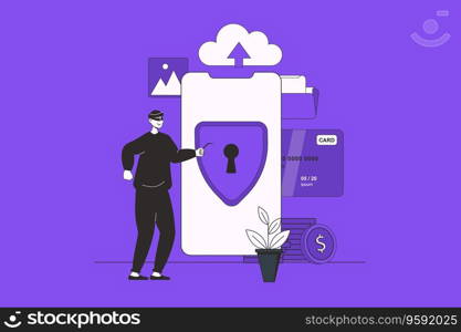 Fraud protection web concept with character scene in flat design. People using cyber security technology for protecting from hacker attacks. Vector illustration for social media marketing material.