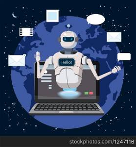 Free Chat Bot, Robot Virtual Assistance On Laptop Say Hello. Free Chat Bot, Robot Virtual Assistance On Laptop Say Hello Element Of Website Or Mobile Applications, Artificial Intelligence Concept Cartoon Vector Illustration Earth Background