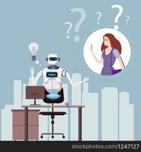 Free Chat Bot, Robot Virtual Assistance On Laptop Say Hello. Free Chat Bot, Robot Virtual Assistance On Laptop Say Hello Element Of Website Or Mobile Applications, Artificial Intelligence Concept Cartoon Vector Illustration Office Background