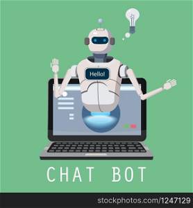 Free Chat Bot, Robot Virtual Assistance On Laptop Say Hello. Free Chat Bot, Robot Virtual Assistance On Laptop Say Hello Element Of Website Or Mobile Applications, Artificial Intelligence Concept Cartoon Vector Illustration