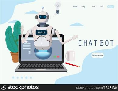 Free Chat Bot, Robot Virtual Assistance On Laptop Say Hello. Free Chat Bot, Robot Virtual Assistance On Laptop Say Hello Concept Web Page Element Of Website Or Mobile Applications, Artificial Intelligence Concept Cartoon Vector Illustration