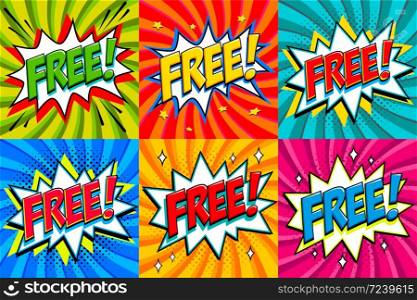 Free - Comic book style stickers. Free banners in pop art comic style. Color summer banners in pop art style Ideal for web. Decorative backgrounds with bomb explosive. Vector illustration.. Free - Comic book style stickers. Free banners in pop art comic style. Color summer banners in pop art style Ideal for web. Decorative backgrounds with bomb explosive.