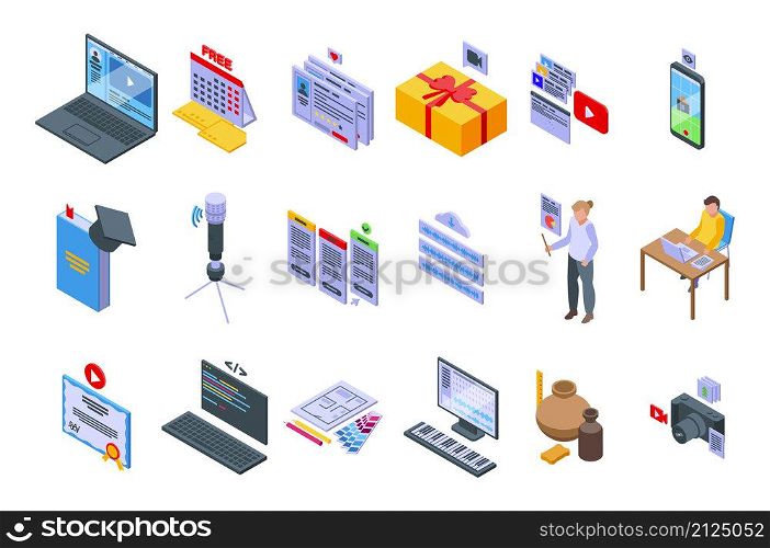 Free course icons set isometric vector. Virtual class. Computer distance. Free course icons set isometric vector. Virtual class