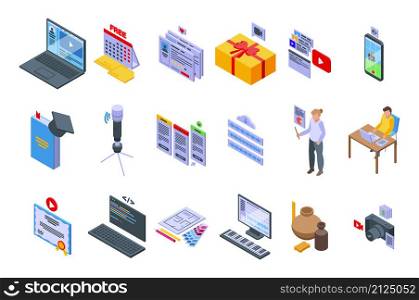 Free course icons set isometric vector. Virtual class. Computer distance. Free course icons set isometric vector. Virtual class