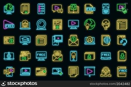 Free course icons set outline vector. Virtual computer class. Free app distance. Free course icons set vector neon