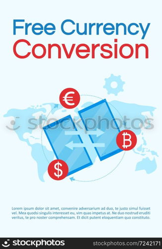 Free currency conversion poster vector template. Peer to peer payments. Brochure, cover, booklet page concept with flat illustrations. Financial transactions. Advertising flyer, leaflet, banner layout