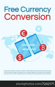 Free currency conversion poster vector template. Peer to peer payments. Brochure, cover, booklet page concept with flat illustrations. Financial transactions. Advertising flyer, leaflet, banner layout