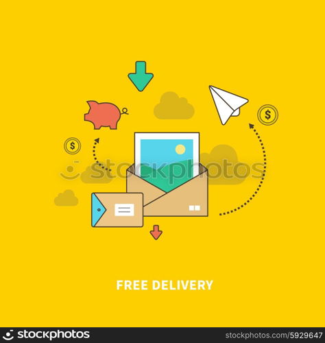 Free delivery as saving money. Flat design vector illustration. For web site construction, mobile applications, banners, corporate brochures, book covers, layouts etc.