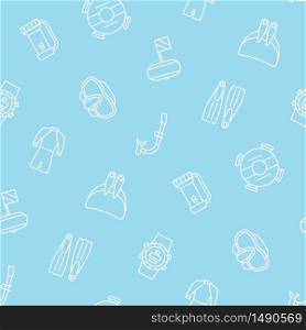 Free diving seamless pattern. Flippers, mask, wetsuit, monofin and other diving equipment. Vector illustration on blue background. Free diving seamless pattern. Flippers, mask, wetsuit, monofin and other diving equipment. Vector illustration