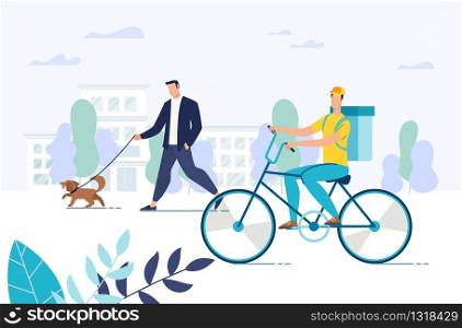 Free Food Delivery Express Service. Man Courier Riding Bicycle Carrying Fresh Healthy Set-Meal Basket. Meal Transportation by Ecological Transport. Shipping Snack to Home, Office, Picnic Anytime. Free Meal Delivery and Food Courier on Bicycle