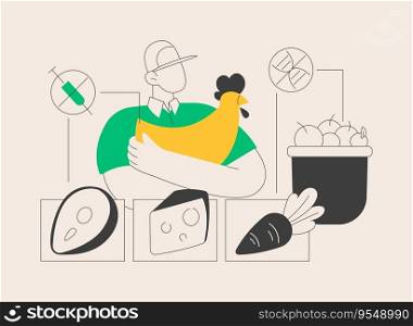 Free from antibiotics hormones GMO foods abstract concept vector illustration. Organic products livestock, organic farming, choose healthy foods, rich nutrient diet, farm market abstract metaphor.. Free from antibiotics hormones GMO foods abstract concept vector illustration.