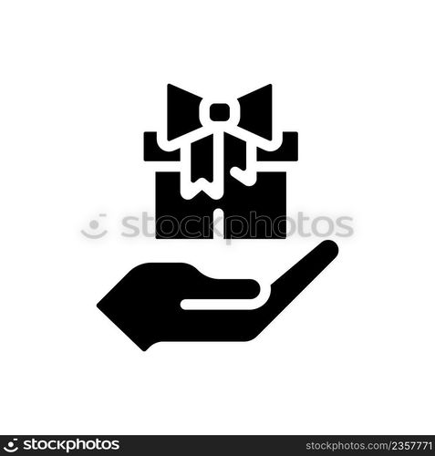 Free gift black glyph icon. Attracting potential customers. Marketing tactic for boosting sales. Promotional products. Silhouette symbol on white space. Solid pictogram. Vector isolated illustration. Free gift black glyph icon