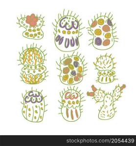 Free hand drawing vector collection of cacti doodles. Perfect for T-shirt, textile and prints. Hand drawn illustration for decor and design.