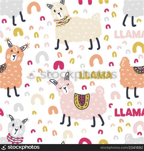 Free hand drawing vector seamless pattern llamas and text LLAMA. Perfect for scrapbooking, poster, textile and prints. Hand drawn illustration for decor and design.