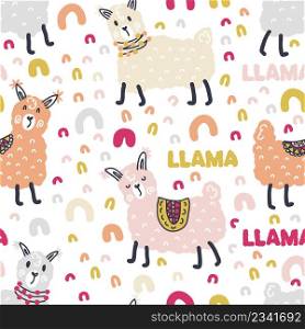 Free hand drawing vector seamless pattern llamas and text LLAMA. Perfect for scrapbooking, poster, textile and prints. Hand drawn illustration for decor and design.