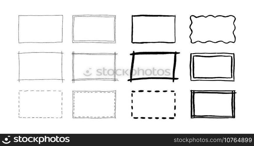 Free hand drawn rectangle frames set. Doodle rectangular shape. Scribble pencil square text box. Doodle highlighting design elements. Line border. Vector illustration isolated on white background.. Free hand drawn rectangle frames set. Doodle rectangular shape. Scribble pencil square text box. Doodle highlighting design elements. Line border. Vector illustration isolated on white background