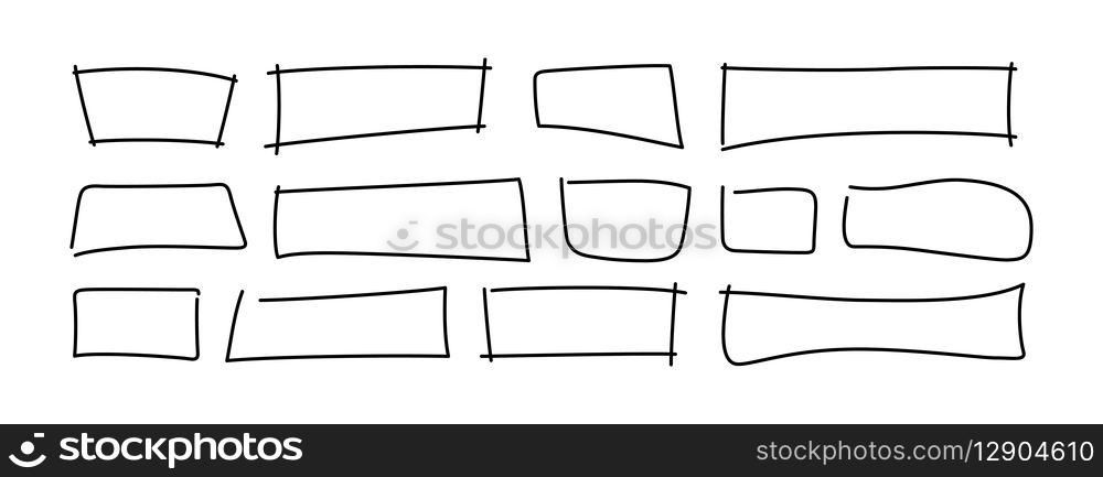 Free hand drawn rectangle frames set. Doodle rectangular shape. Scribble pencil square text box. Doodle highlighting design elements. Line border. Vector illustration isolated on white background.. Free hand drawn rectangle frames set. Doodle rectangular shape. Scribble pencil square text box. Doodle highlighting design elements. Line border. Vector illustration isolated on white background