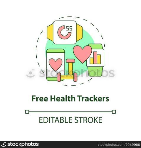 Free health trackers concept icon. Heart rate monitoring. Activity tracking abstract idea thin line illustration. Isolated outline drawing. Editable stroke. Roboto-Medium, Myriad Pro-Bold fonts used. Free health trackers concept icon
