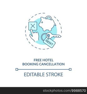 Free hotel booking cancellation concept icon. Travel during covid pandemic idea thin line illustration. Quarantine measures. Business travel. Vector isolated outline RGB color drawing. Editable stroke. Free hotel booking cancellation concept icon