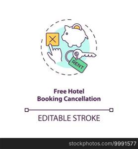 Free hotel booking cancellation concept icon. Travel during covid pandemic idea thin line illustration. New normal. Business travel. Vector isolated outline RGB color drawing. Editable stroke. Free hotel booking cancellation concept icon