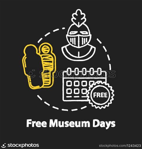 Free museum days chalk RGB color concept icon. Admission discounts, inexpensive guided tours idea. Budget travel pastime. Vector isolated chalkboard illustration on black background
