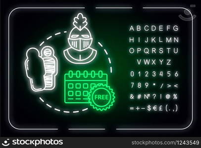 Free museum days neon light concept icon. Admission discounts, inexpensive guided tours idea. Outer glowing sign with alphabet, numbers and symbols. Vector isolated RGB color illustration