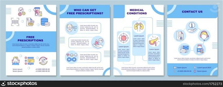 Free prescription brochure template. Medical condition. Flyer, booklet, leaflet print, cover design with linear icons. Vector layouts for magazines, annual reports, advertising posters. Free prescription brochure template
