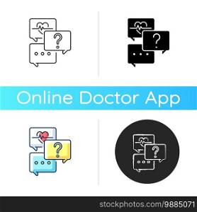 Free question to specialist icon. Health and medical-related questions. Live chat with doctors, pharmacists, nutritionists. Linear black and RGB color styles. Isolated vector illustrations. Free question to specialist icon
