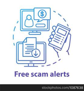 Free scam alerts concept icon. Information about financial criminal schemes. Cyber security advice. Tips about frauds idea thin line illustration. Vector isolated outline drawing