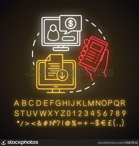 Free scam alerts neon light concept icon. Information about financial criminal schemes. Tips about frauds idea. Glowing sign with alphabet, numbers and symbols. Vector isolated illustration